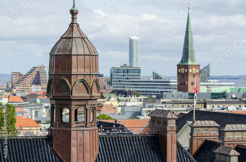 Aarhus, Denmark: Aerial view of the city with Aarhus Cathedral Church and buildings of Aarhus Docklands