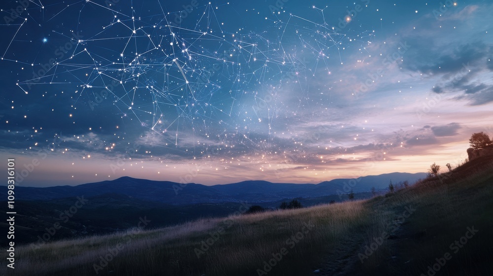 Fototapeta premium Twilight landscape with constellations