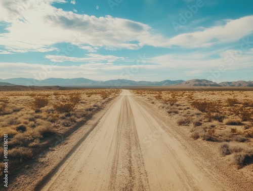 vast sandy desert stretching into the horizon, featuring a hot, dusty road leading through the arizona wilderness, evoking adventure and exploration photo