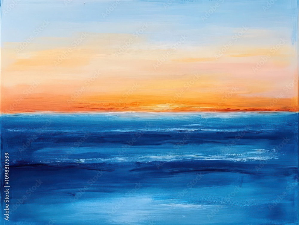 Fototapeta premium vibrant abstract seascape at sunrise, with hues of blue and orange blending seamlessly, capturing the tranquil beauty of the coast at dawn