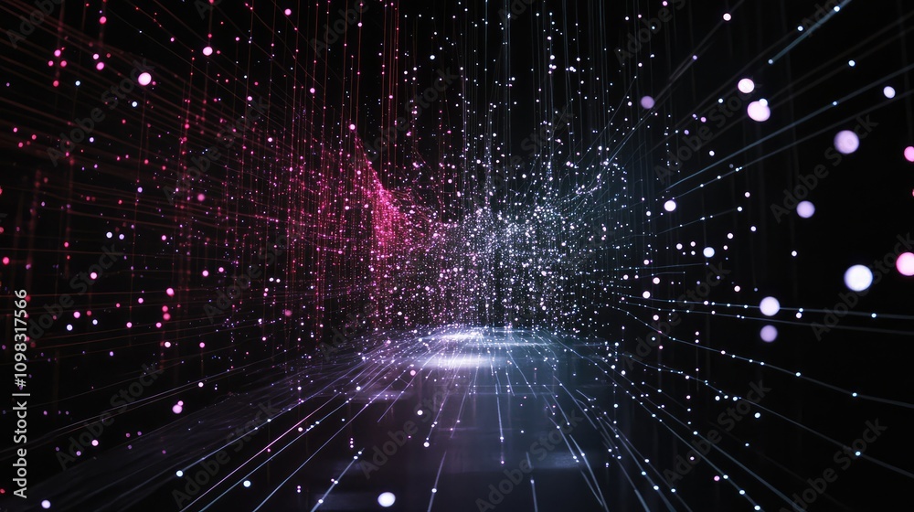 Obraz premium Complex web of data points connected by light trails, creating a futuristic, abstract map structure