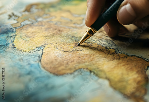 A hand gently holds a pen, tracing lines on a vibrant map of Africa, inviting adventure
