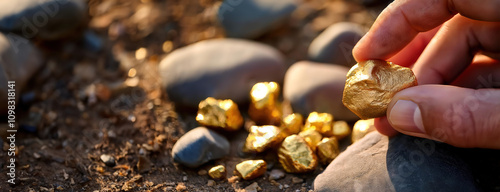 A person holding a shiny gold nugget among rocks, depicting gold prospecting or mining in a natural setting.