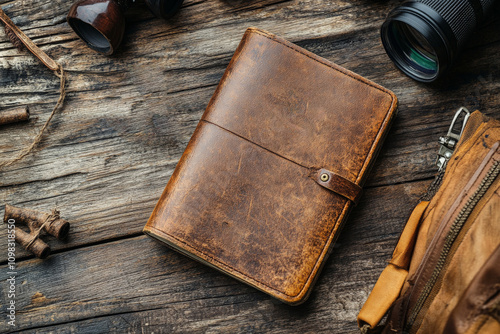 A weathered passport resting on a rustic wooden table, surrounded by adventure gear like , binoculars, and a travel journal photo