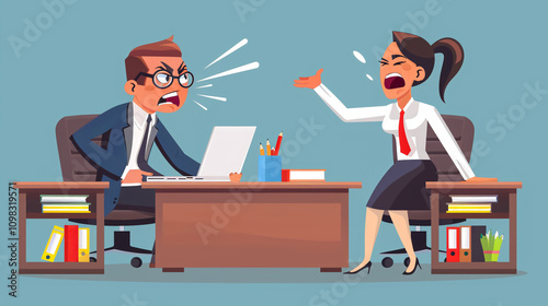 Angry irate boss yelling and shouting at his secretary employee.