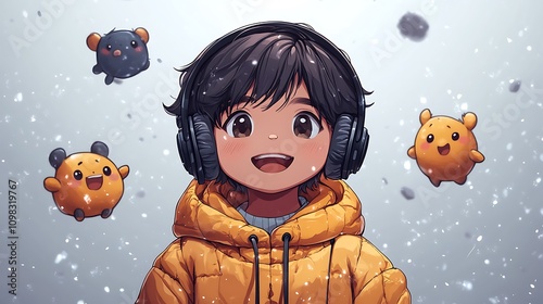 Cheerful Chibi Character with Headphones and Cute Creatures