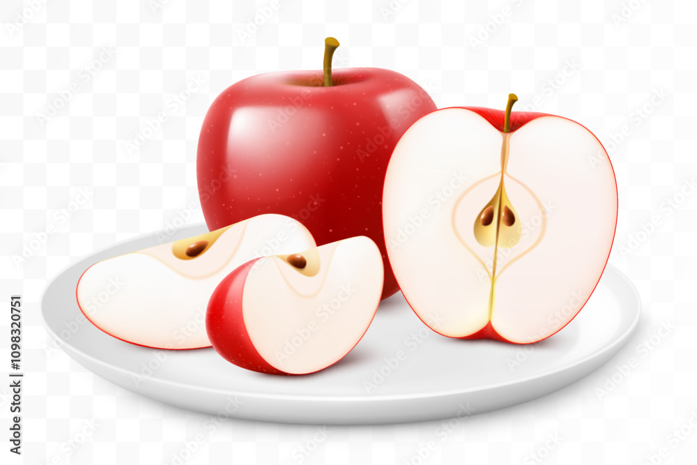 Obraz premium Ripe juicy apples on a white plate isolated on a transparent background. Whole apple fruits and sliced. Healthy vitamin food. Realistic 3d vector illustration