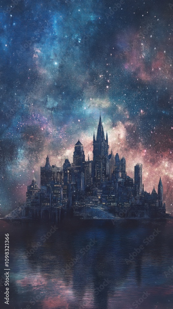 Fototapeta premium Fantasy city skyline under starry night