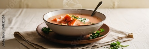 A steaming bowl of Finnish-Icelandic salmon and cream soup with tender chunks of salmon, fresh dill, and a dollop of cream