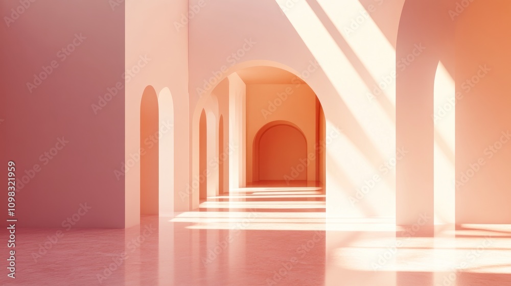 Fototapeta premium Sunlit Interior with Archways and Peach Walls