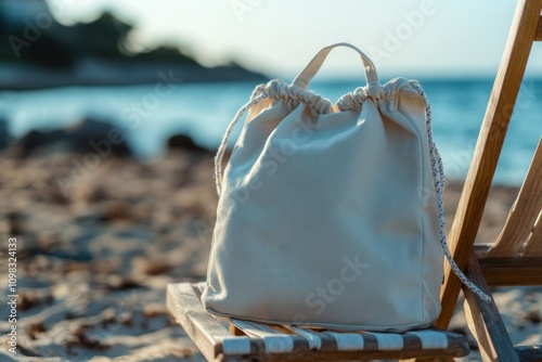 Empty promotional drawstring backpack on beach chair with rope texture visible, captured using standard lens on beach sunset lighting, with copy space