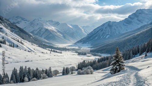 A winter wonderland with snow-covered mountains and valleys stretched out as far as the eye can see, snowy terrain, serene atmosphere, frozen wilderness, valley landscapes, winter scenery photo