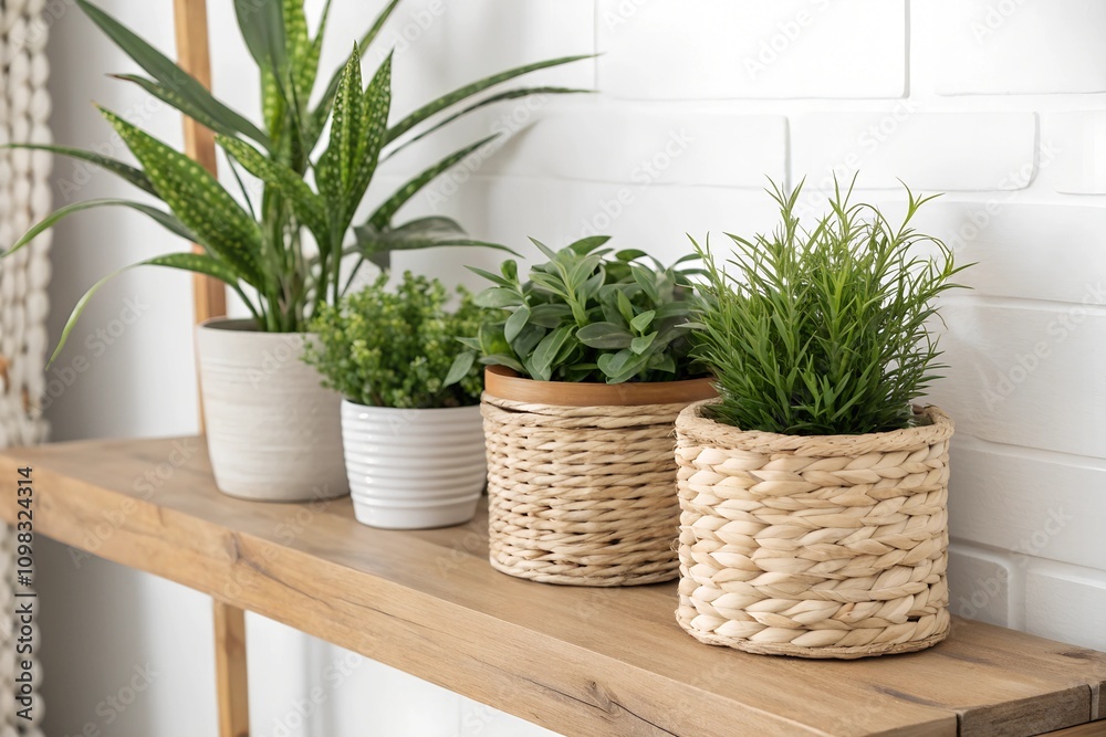 Obraz premium Background with Minimalist decoration with green plants in wicker and ceramic pots