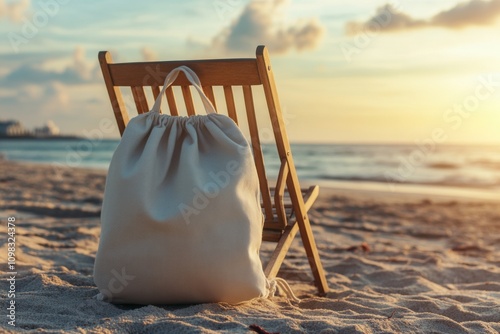 Empty promotional drawstring backpack on beach chair with rope texture visible, captured using standard lens on beach sunset lighting, with copy space photo