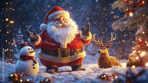 A festive scene featuring Santa Claus, a snowman, a deer, and holiday decorations in snow.