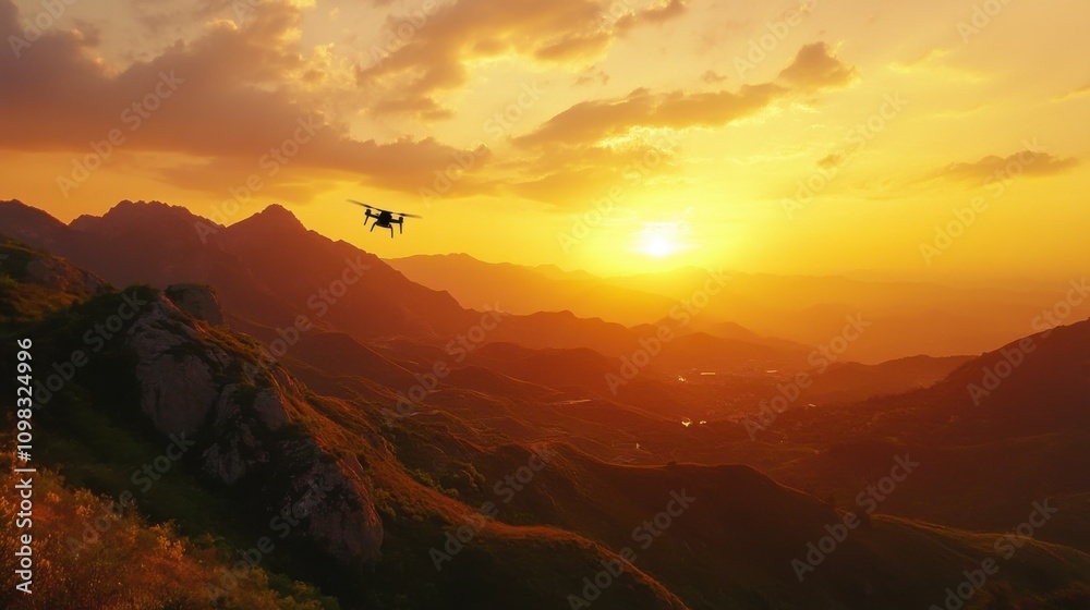 Naklejka premium Sunset mountains drone flying scenery