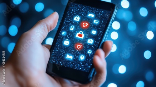 Wallpaper Mural Modern Smartphone in Hand with Security Icons on a Bokeh Background Torontodigital.ca