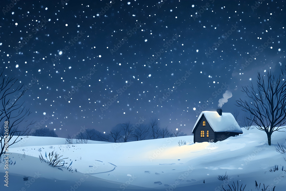 Naklejka premium Soft snowflakes gently fall upon a tranquil cottage, illuminating the winter night with warmth