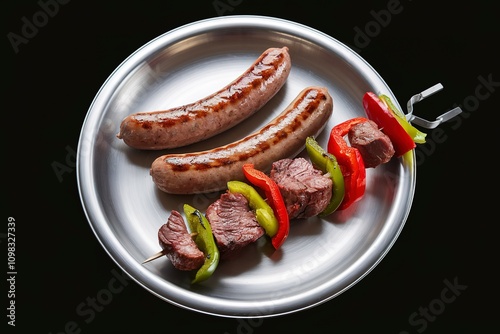 grilled sausages and a skewer with pieces of meat, red and green bell peppers photo