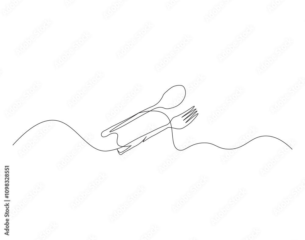 Obraz premium Continuous line drawing of fork and spoon. Cooking, kitchen and table manner concept vector illustration.