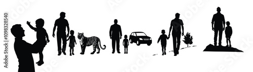 Father and son vector silhouette with grass, car, tiger and trees.