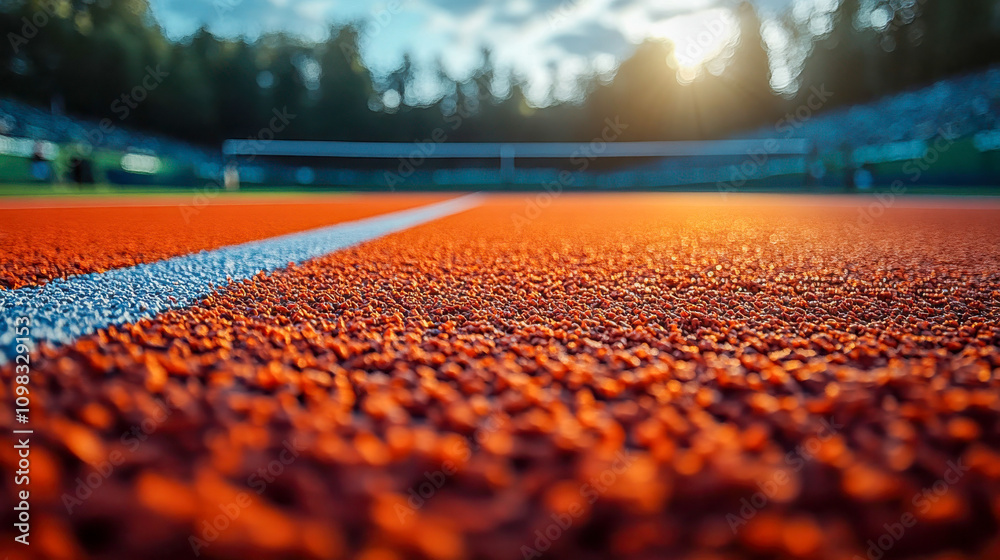 Fototapeta premium Close-up view of a vibrant tennis court with blue and orange textures and a white boundary line, emphasizing sports details