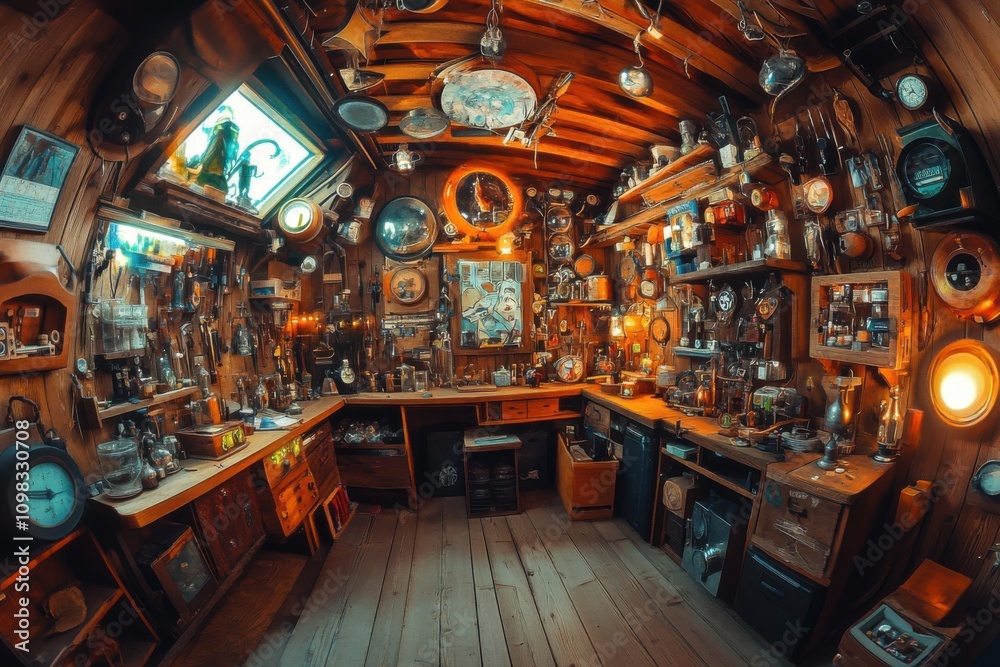 Naklejka premium Gnomish inventor's workshop with bizarre contraptions with highly detailed inventions and tools, captured using fisheye lens on warm workshop lighting, with copy space