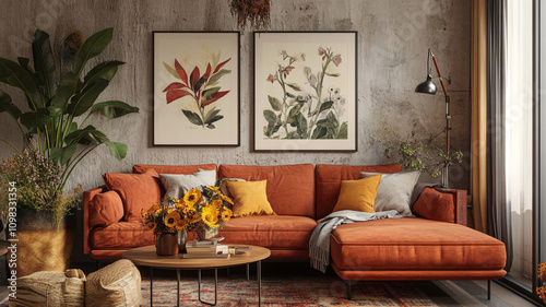 large framed poster on the wall, abstract contemporary luxury interior design,  Elegant Living Room Interior with sofa and various painted frames, 3d modern luxury living room mokeup design.