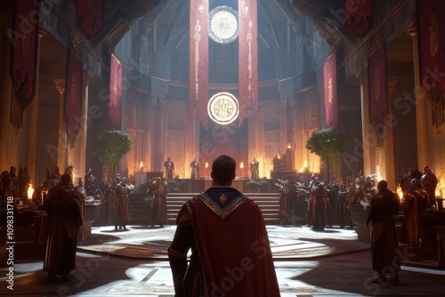Guild leader addressing members in a virtual hall with guild UI and member status indicators, captured using wide-angle lens on ceremonial hall lighting, with copy space