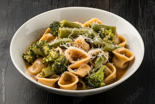 pasta cappelletti mixed with green vegetables, such as broccoli and green beans, stewed in gravy photo