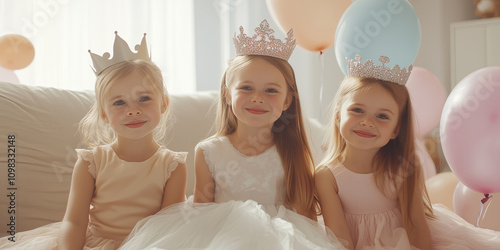 Three beautiful girls in princess dresses and crowns on a princess birthday party. photo