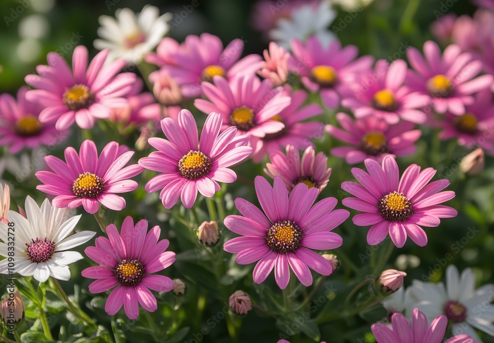 Fototapeta premium Vibrant Pink Flowers in Full Bloom Surrounded by Green Foliage, Capturing the Essence of a Beautiful Spring Garden in Sunny Natural Light