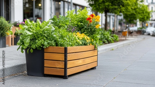 A vibrant wooden planter filled with lush greenery and colorful flowers, enhancing the urban landscape in a charming street setting. photo