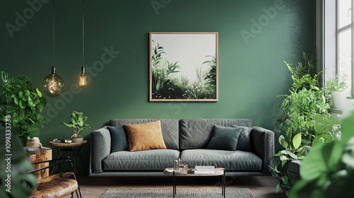 large framed poster on the wall, abstract contemporary luxury interior design,  Elegant Living Room Interior with sofa and various painted frames, 3d modern luxury living room mokeup design.