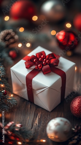 Creative holiday gift arrangement with red ribbon and festive decorations