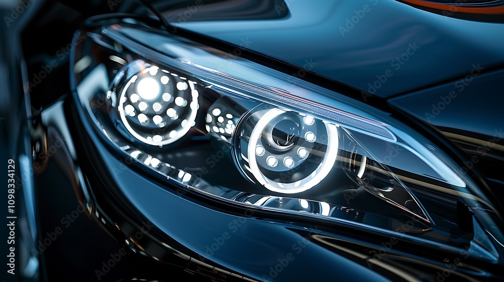 Fototapeta premium Close up of the headlight of a modern car with a blurred background