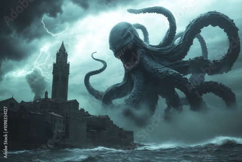 Kraken attacking a coastal city with detailed tentacles and architecture, captured using wide-angle zoom on stormy sea lighting, with copy space photo