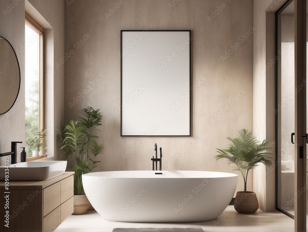 Fototapeta premium blank poster frame, rustic villa bathroom interior background, beige wall background