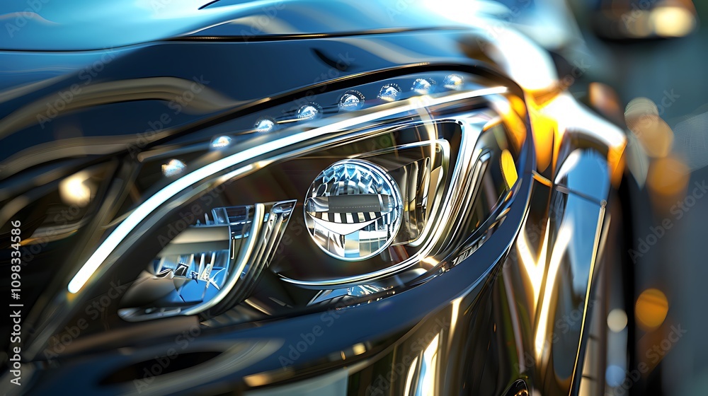 Fototapeta premium Close up of the headlight of a modern car with a blurred background