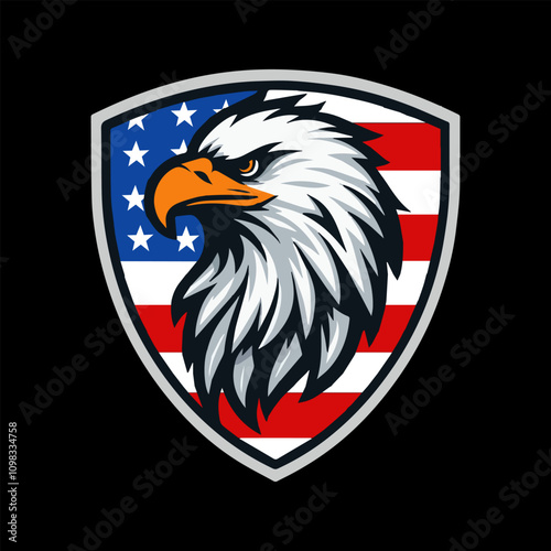 American eagle with a flag and shield illustration featuring a bold vector design showcasing the eagle's head as a symbol of freedom and nature photo