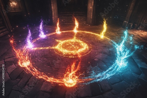 Mage AOE spell affecting multiple enemies with visible damage numbers and cooldown UI, captured using fisheye lens on colorful spell effect lighting, with copy space photo