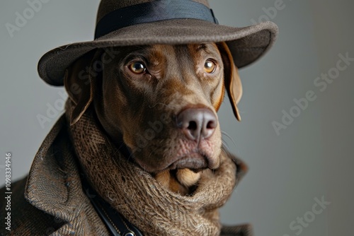 Stylish dog wearing hat and scarf posing for a portrait photo