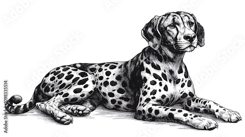 Black and white illustration of a cheetah-like dog lying down. photo