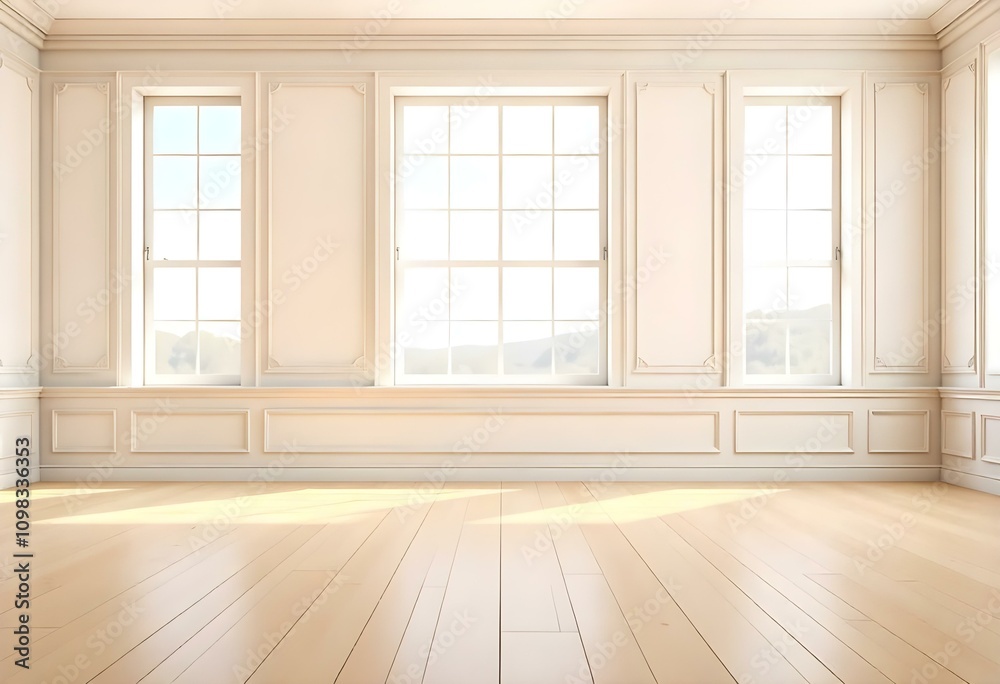 Fototapeta premium An empty room with large windows, wooden floor, and white walls with decorative molding