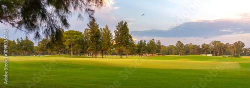A panoramic golf course surrounded by lush trees and illuminated by the soft light of an evening sky, offering a peaceful retreat.
