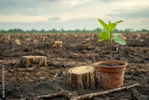 Symbol of Hope: Green Sapling in a Barren Deforested Landscape