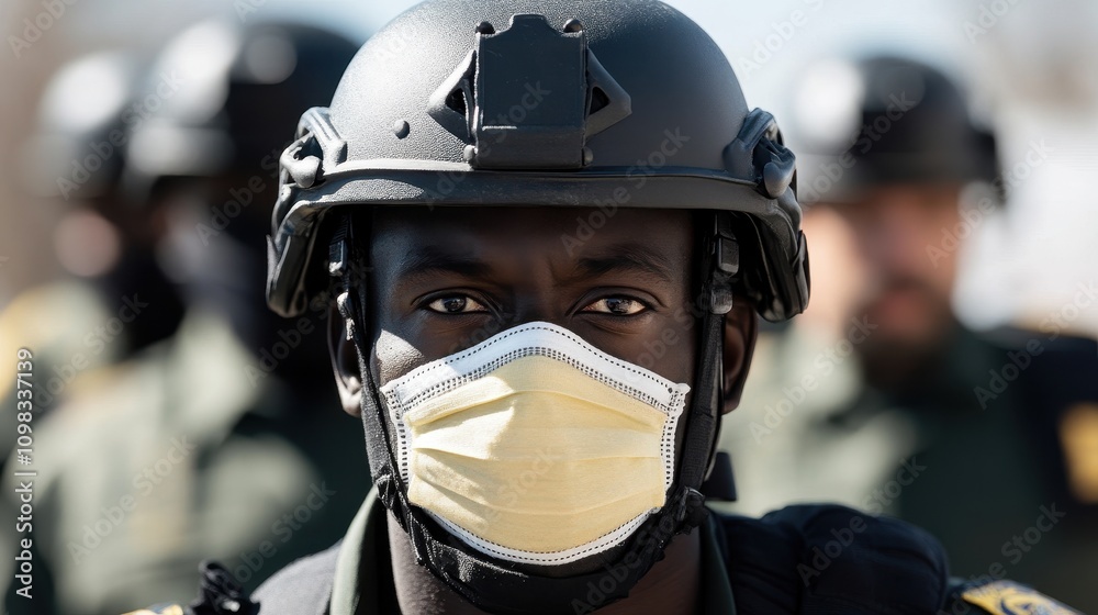 Fototapeta premium Serious police officer in protective gear during public safety mission