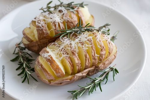 homemade hasselback potato with fresh herbs photo