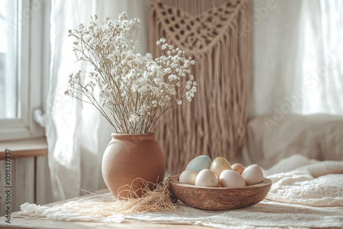 Minimalist Easter Decor with Dried Flowers and Pastel Eggs