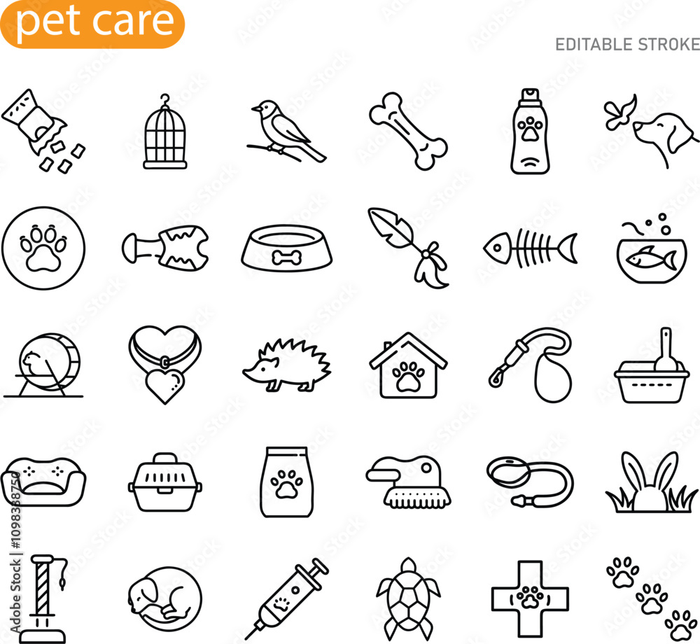 Fototapeta premium Pet Care Icons Supplies, Animals, Food, and Accessories